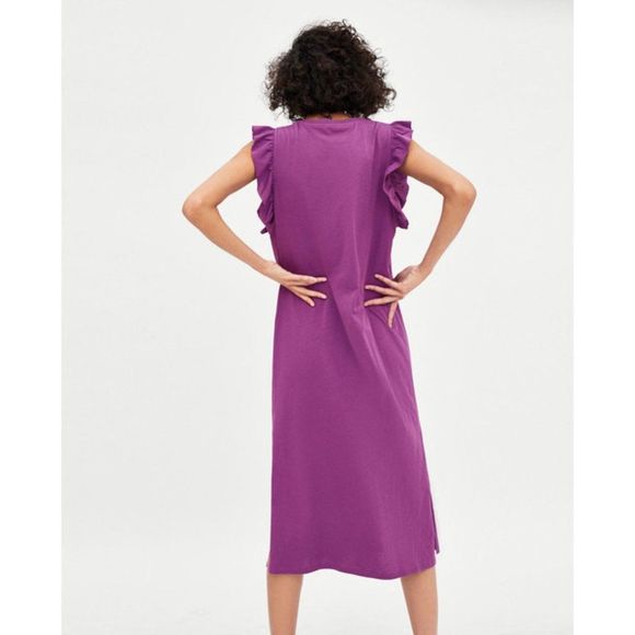 ZARA Women's Midi T-Shirt DRESS WITH FRILLS AND INSCRIPTION Violet - Picture 4 of 5